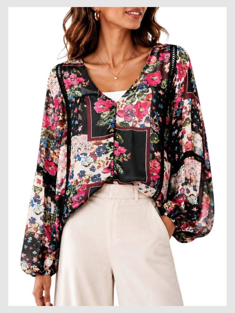 Johnny Was Multicolor Floral Patchwork V-Neck Blouse